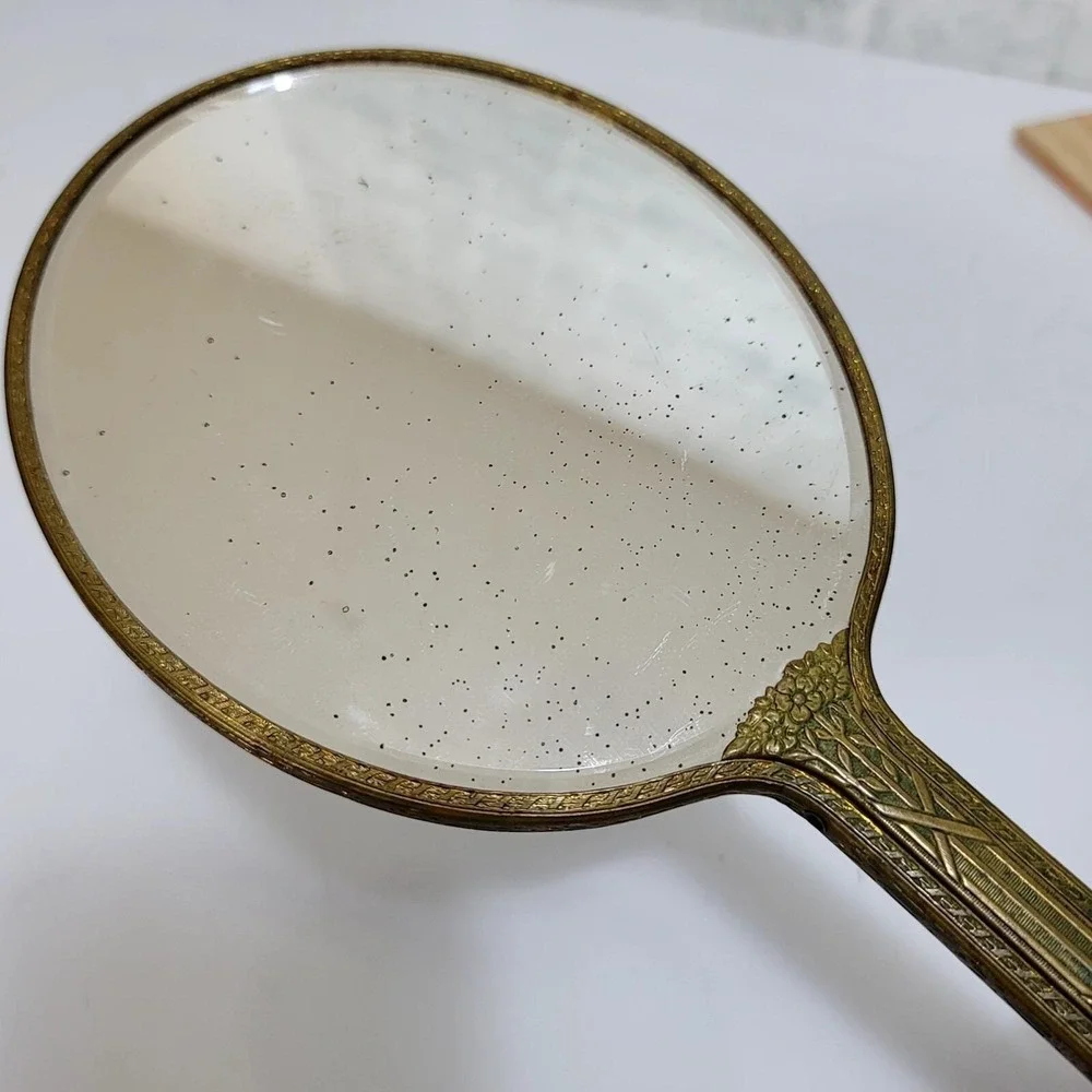 Vintage‎ Brass Floral Hand Mirror Etched Gold Tone Regency Vanity Decor 13 inch